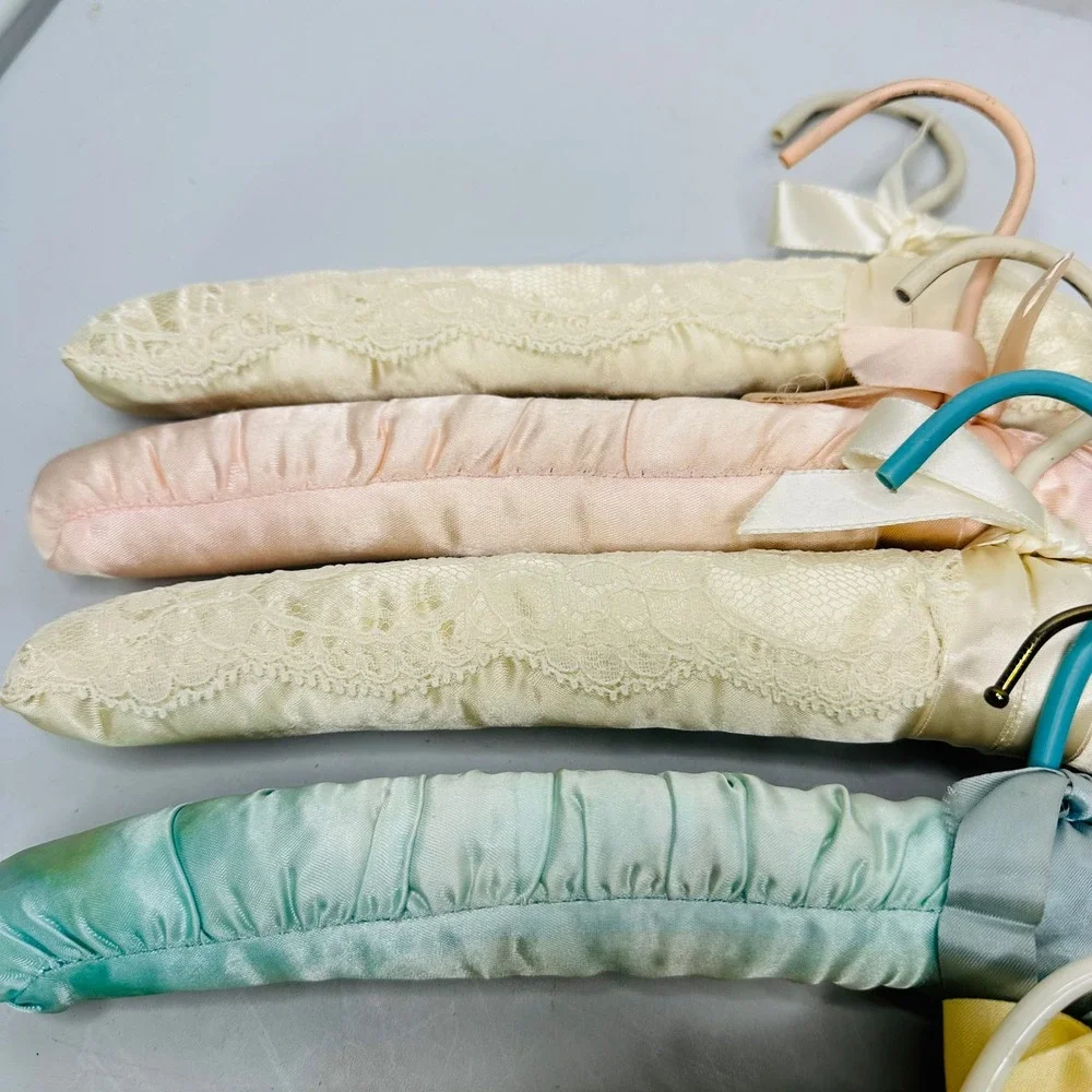 Vintage Padded Satin Lace Clothes Hangers Set of 6 Pastel Mixed Colors 15.5 Inch